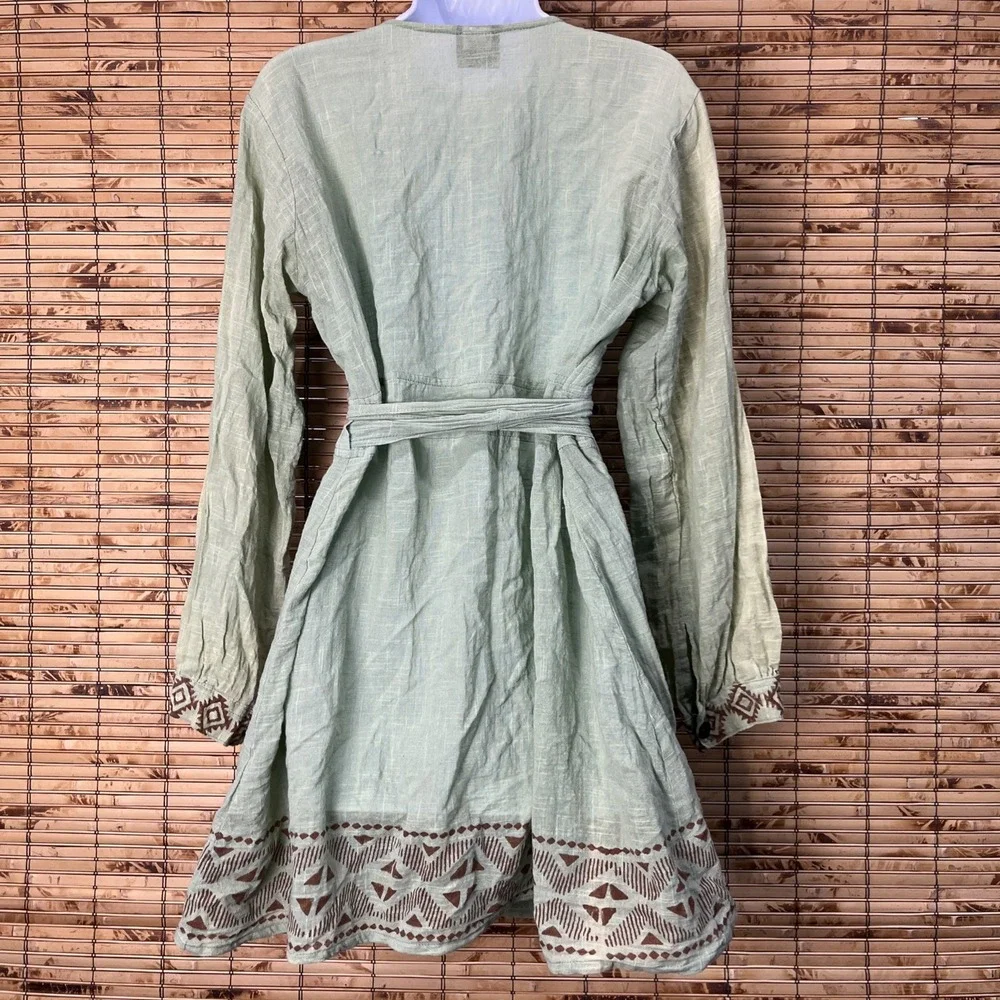 Yamuna Hand Dyed Wrap Dress Womens OS‎ Green Cotton Boho Tribal Block Print Folk